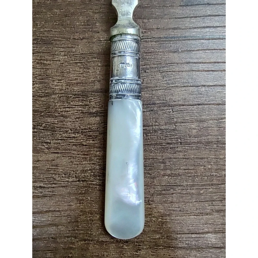Antique EPNS Fish Serving Fork Mother of Pearl Handle Sterling Collar Engraved